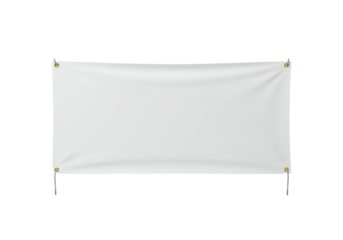 A blank, transparent rectangular vinyl banner stretched taut with subtle wrinkles, grey ropes, and golden yellow grommets, isolated on an immaculate clean white studio background with no shadows