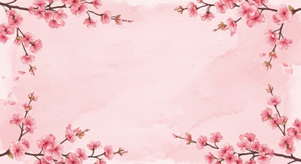Fototapeta premium Delicate pink cherry blossoms frame a soft watercolor background