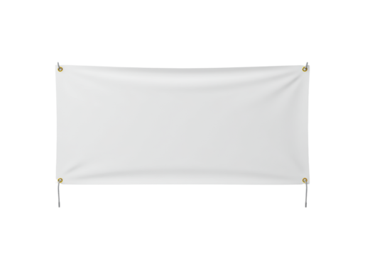 A blank, transparent rectangular vinyl banner stretched taut with subtle wrinkles, grey ropes, and golden yellow grommets, isolated on an immaculate clean white studio background with no shadows