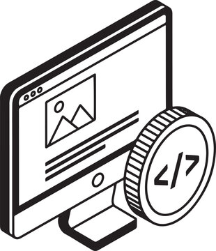 Isometric Illustration of a Computer Monitor and Coding Coin Symbol.