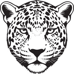 Stylized Leopard Head Black and White Intense Gaze Rosette Pattern Detailed Fur.