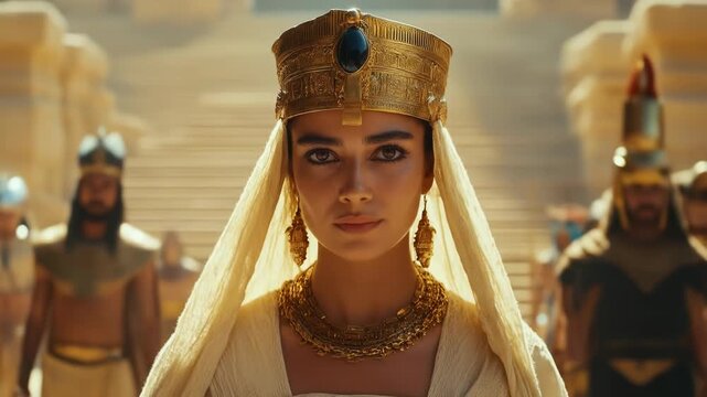 Powerful ancient queen stands majestic displaying elaborate gold crown and rich jewels in sunny desert temple