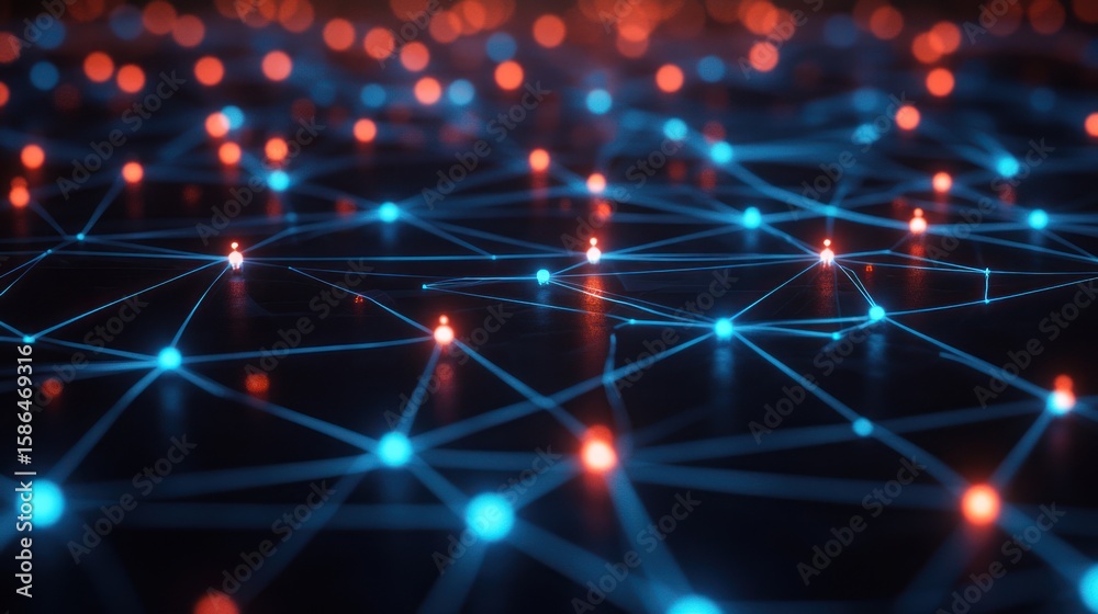Wall mural abstract network of interconnected blue and red nodes glowing on a dark background