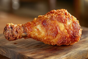 A single, crispy fried chicken drumstick with golden-brown skin rests on a rustic wooden board, looking delicious and freshly cooked.