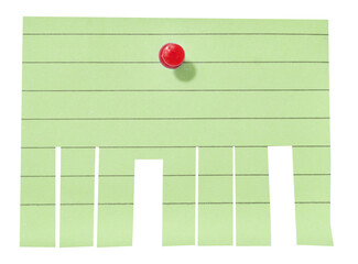 Sheet of green lined paper attached with red pushpin on an isolated background