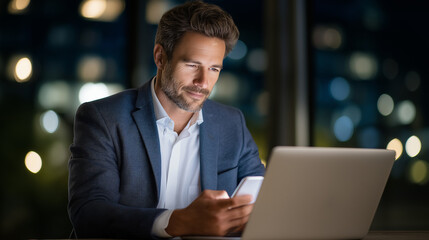 Businessman checking email alerts on smartphone while using laptop