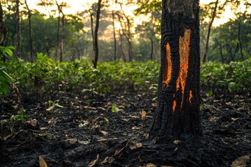 A charred tree trunk smolders with embers on a burnt forest floor, as new life begins to grow.