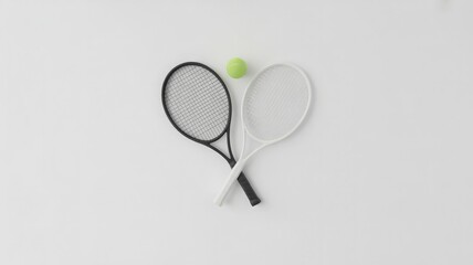 Crossed black and white tennis rackets with a ball, isolated on white background