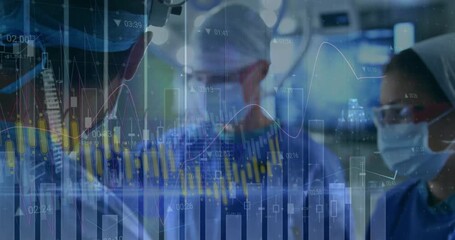 surgical team initiating incision while financial charts animating for real-time vital monitoring - Powered by Adobe