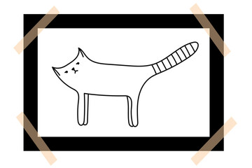 Cute cat photo frame with tape. Doodle cat illustration on polaroid frame.