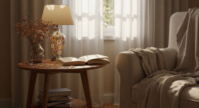 Cozy reading nook with armchair lamp and dried flowers - Powered by Adobe