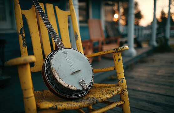 Banjo resting on a yellow rocking chair on a porch at sunset