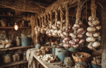 Braids of garlic hanging and drying in rustic pantry, preserving the harvest's flavors