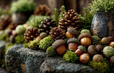 Fototapeta premium Pine cones, acorns, and moss create a beautiful autumn decoration