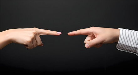 Two hands pointing fingers at each other against a dark background in a gesture of confrontation or blame