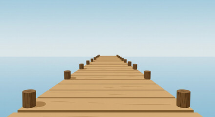Obraz premium A wooden pier stretching into the calm ocean under a clear blue sky background