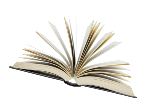 Open book with off-white, textured pages rapidly fanning outwards, suspended mid-air against a pristine, seamless transparent studio background, ample copy space, no shadows, motion blur on pages,