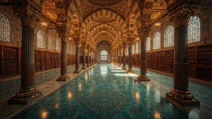 Stunning architectural interior of an ornate library featuring columns bookshelves and a captivating turquoise floor reflecting light.