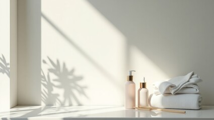 Sunlit Minimalist Bathroom Counter with Skincare Bottles and Clean Towels – Modern Lifestyle Interior

