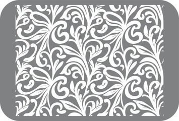 Elegant white floral scrollwork pattern with swirling leaves and curves on a textured gray background creating a classic damask or baroque design suitable for decorative applications