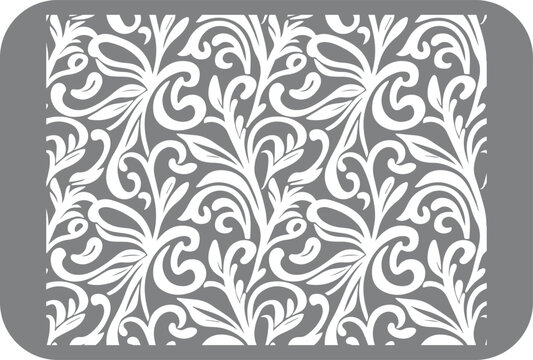 Elegant white floral scrollwork pattern with swirling leaves and curves on a textured gray background creating a classic damask or baroque design suitable for decorative applications