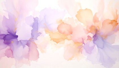 Delicate, flowing abstract shapes in soft pastel hues.  Blending of lavender, peach, and gold tones against a white background