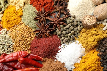 Different aromatic spices as background, top view