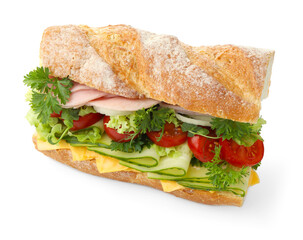 Tasty baguette sandwich with ham, cheese and vegetables isolated on white