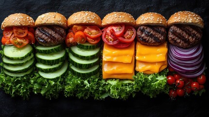 Many different types of burgers arranged in a row food background