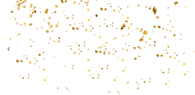 Golden color confetti falling down, PNG. Create birthday and party decoration concept
