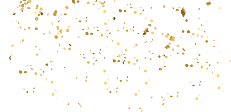 Golden color confetti falling down, PNG. Create birthday and party decoration concept
