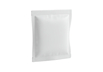 Pristine blank white rectangular plastic flow pack pouch with crimped ends, smooth unbranded surface, on a clean bright white background with subtle reflection, studio lighting, 3/4 view, concept of