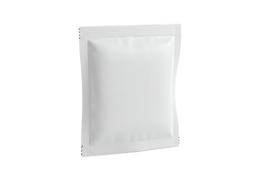 Pristine blank white rectangular plastic flow pack pouch with crimped ends, smooth unbranded surface, on a clean bright white background with subtle reflection, studio lighting, 3/4 view, concept of