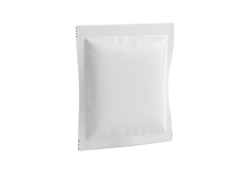 Pristine blank white rectangular plastic flow pack pouch with crimped ends, smooth unbranded surface, on a clean bright white background with subtle reflection, studio lighting, 3/4 view, concept of