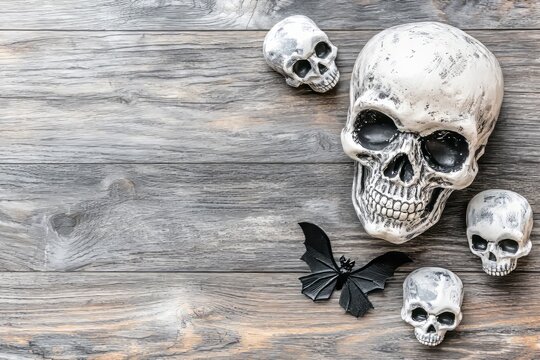 A collection of skulls displayed on a rustic wooden background, creating a spooky yet stylish atmosphere, ideal for Halloween decorations or themed events that emphasize the macabre.