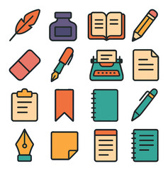 Modern writing tools icon collection: simple compose linear pen, typewriter, paper, notebook, ink