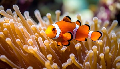 Orange clownfish nestled amidst sea anemone