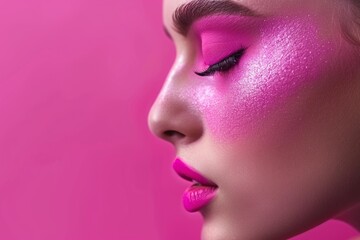Profile of a model showing creative pink glitter makeup on pink background