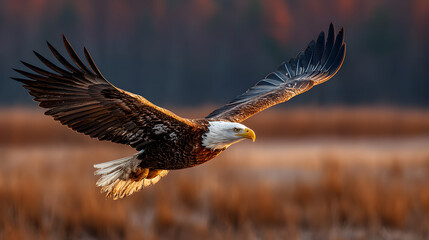 Obraz premium A majestic bald eagle in flight with golden light shining