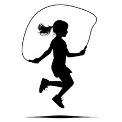 Silhouette of a young girl joyfully jumping rope, active mood, mid-air against white background with copy space
