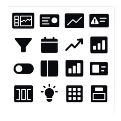 Analytics icon collection. data, dashboard, graph, alert, filter, calendar, arrow, chart, toggle, lightbulb in silhouette style.