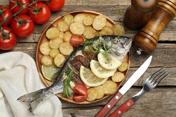 Tasty roasted dorado fish served with potatoes, tomatoes and lemon on wooden table, flat lay. Homemade seafood dish
