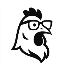A quirky black-and-white illustration of a chicken's Stylized cartoon chicken head with bold glasses, drawn in black and white.