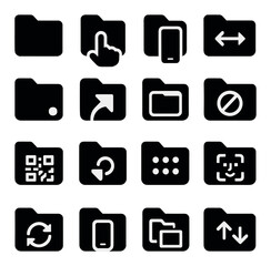 Mobile folder icon collection: simple silhouette icons. folder, mobile, sync, qr, arrow, touch, scan