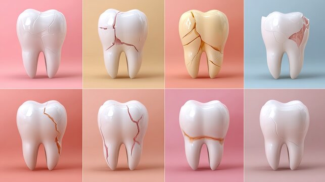 Collection of damaged molar teeth showcasing dental problems and the need for specialized oral health and hygiene.