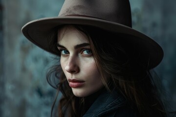 Young woman with blue eyes wearing brown hat and denim jacket posing in front of a grunge wall