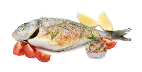 Tasty roasted dorado fish with spices and tomato isolated on white. Homemade seafood dish