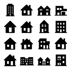 Fototapeta premium Residential building icon collection. simple silhouette houses, apartments, villas