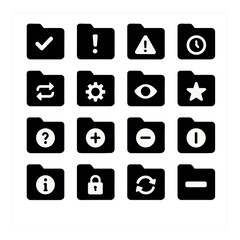Folder status icon collection. simple silhouette: checkmark, lock, plus, info, clock, gear