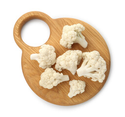 Fresh raw cauliflower florets isolated on white, top view